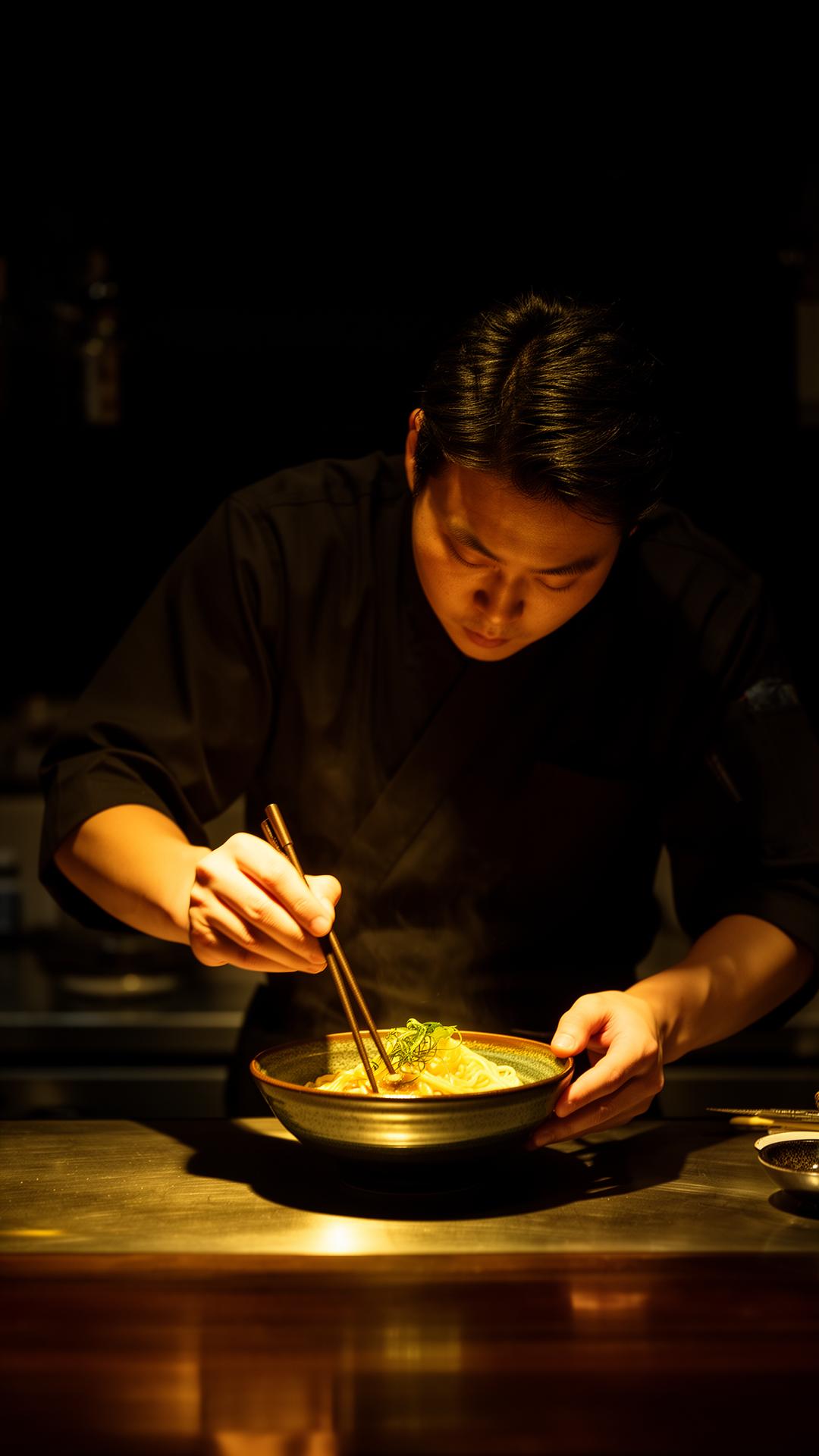 Chef Toshiro plating ramen
