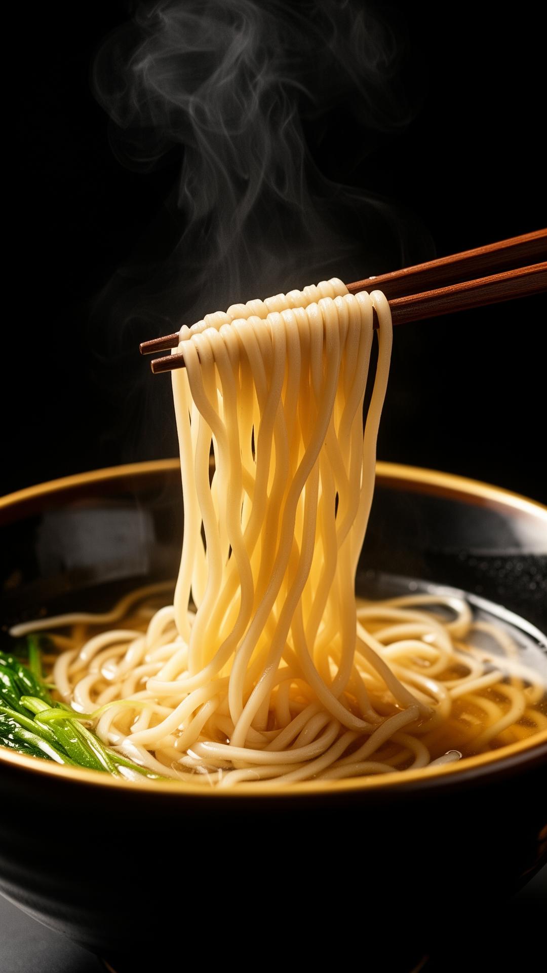 Fresh ramen noodles being lifted with chopsticks